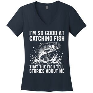 Bass Fishing Angler Funny Fisherman Catching Fish Women's V-Neck T-Shirt