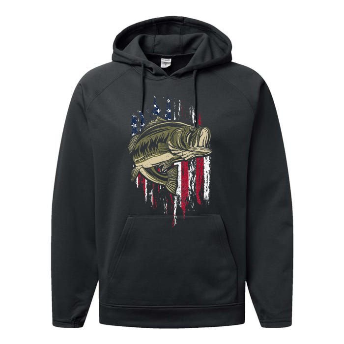 Bass Fishing American Flag 4th Of July Gift For Fisherman Performance Fleece Hoodie