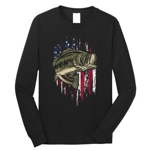 Bass Fishing American Flag 4th Of July Gift For Fisherman Long Sleeve Shirt