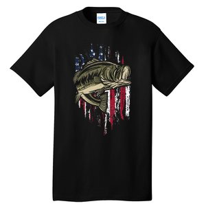 Bass Fishing American Flag 4th Of July Gift For Fisherman Tall T-Shirt