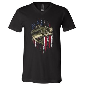 Bass Fishing American Flag 4th Of July Gift For Fisherman V-Neck T-Shirt