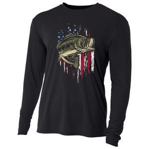 Bass Fishing American Flag 4th Of July Gift For Fisherman Cooling Performance Long Sleeve Crew