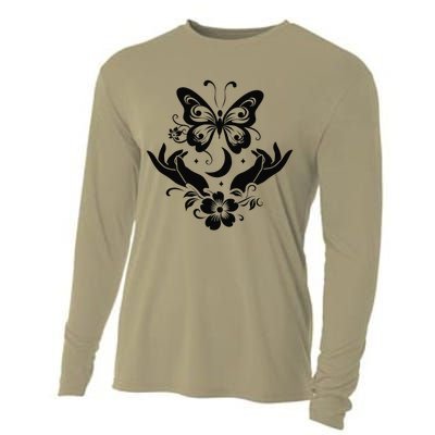 Butterfly flower and Moon Nice Graphic for everyday Comfort Cooling Performance Long Sleeve Crew