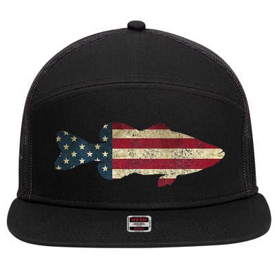 Bass Fishing American Flag Vintage Patriotic Angler 7 Panel Mesh Trucker Snapback Hat