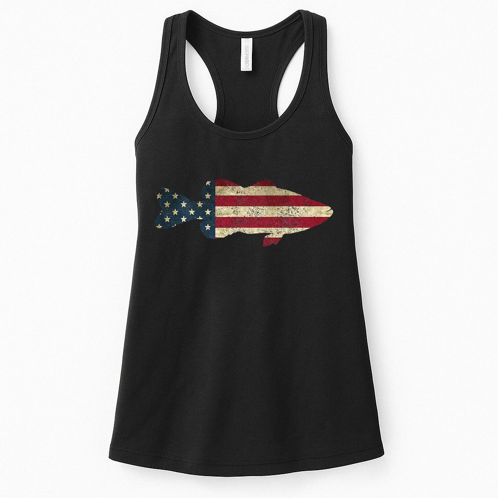 Bass Fishing American Flag Vintage Patriotic Angler Womens Tank Top