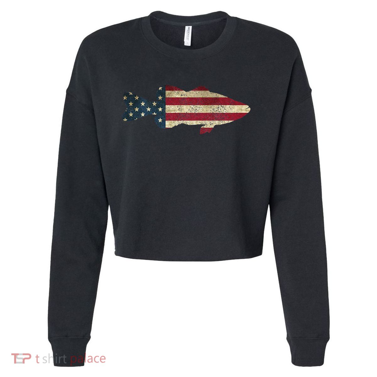 Bass Fishing American Flag Vintage Patriotic Angler Cropped Pullover Crew