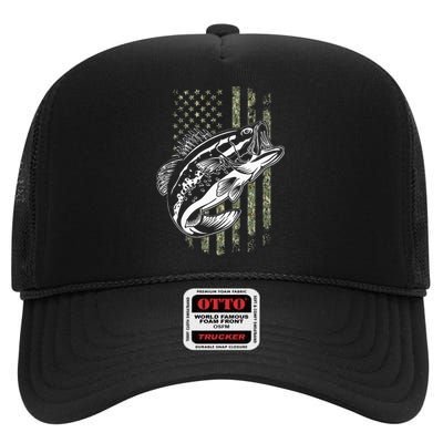 Bass Fishing American Camo Usa Flag High Crown Mesh Back Trucker Hat