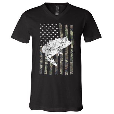 Bass Fishing American Camo USA Flag For Fisherman (On Back) V-Neck T-Shirt