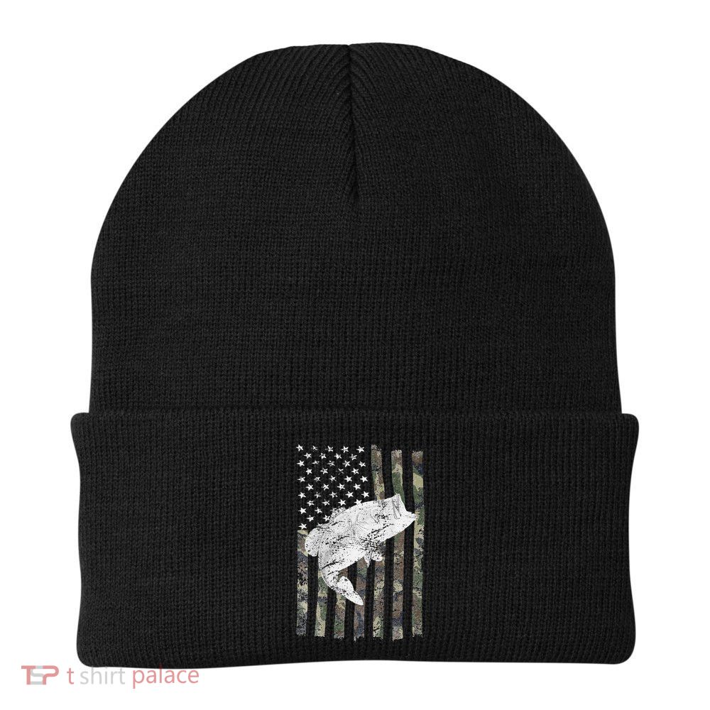 Bass Fishing American Camo USA Flag For Fisherman (On Back) Beanie