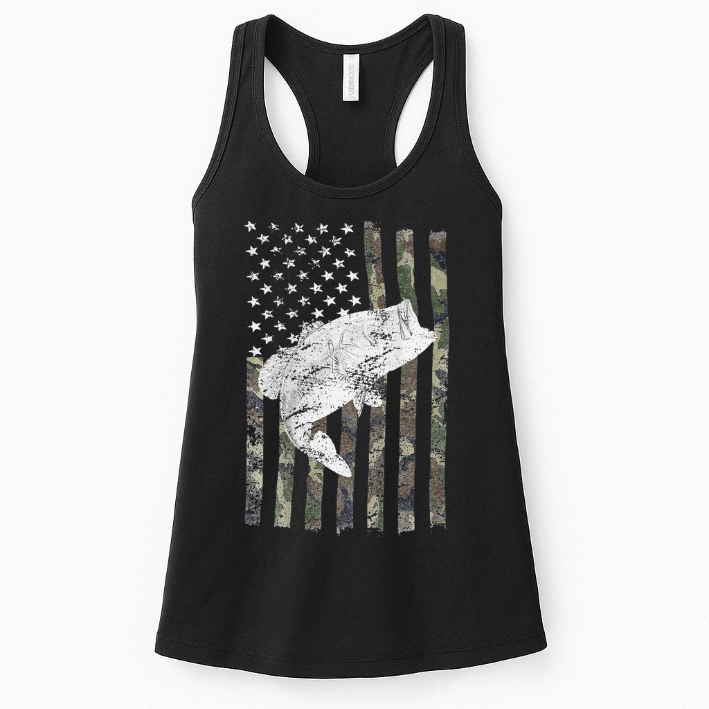 Bass Fishing American Camo USA Flag For Fisherman (On Back) Womens Tank Top