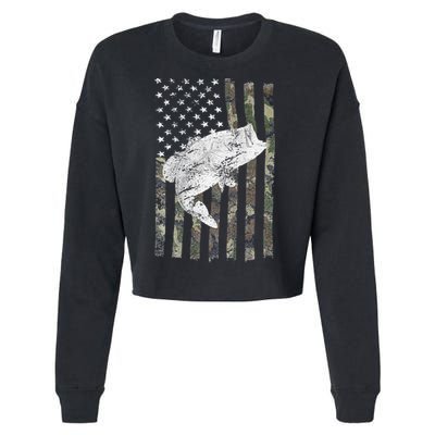 Bass Fishing American Camo USA Flag For Fisherman (On Back) Cropped Pullover Crew