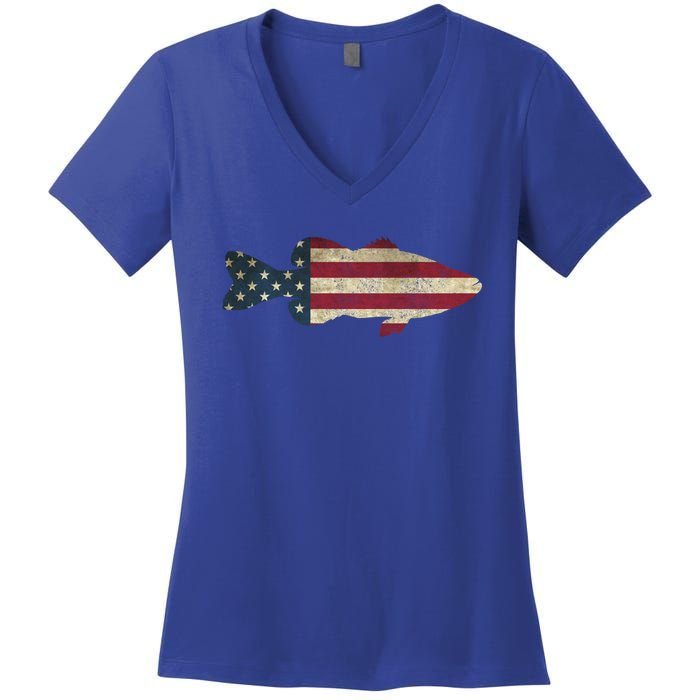 Bass Fishing American Flag Vintage Patriotic Fisherman Gift Women's V-Neck T-Shirt