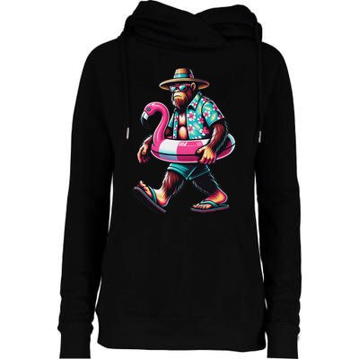Bigfoot Flamingo Aloha Pool Party Hawaiian Party Womens Funnel Neck Pullover Hood