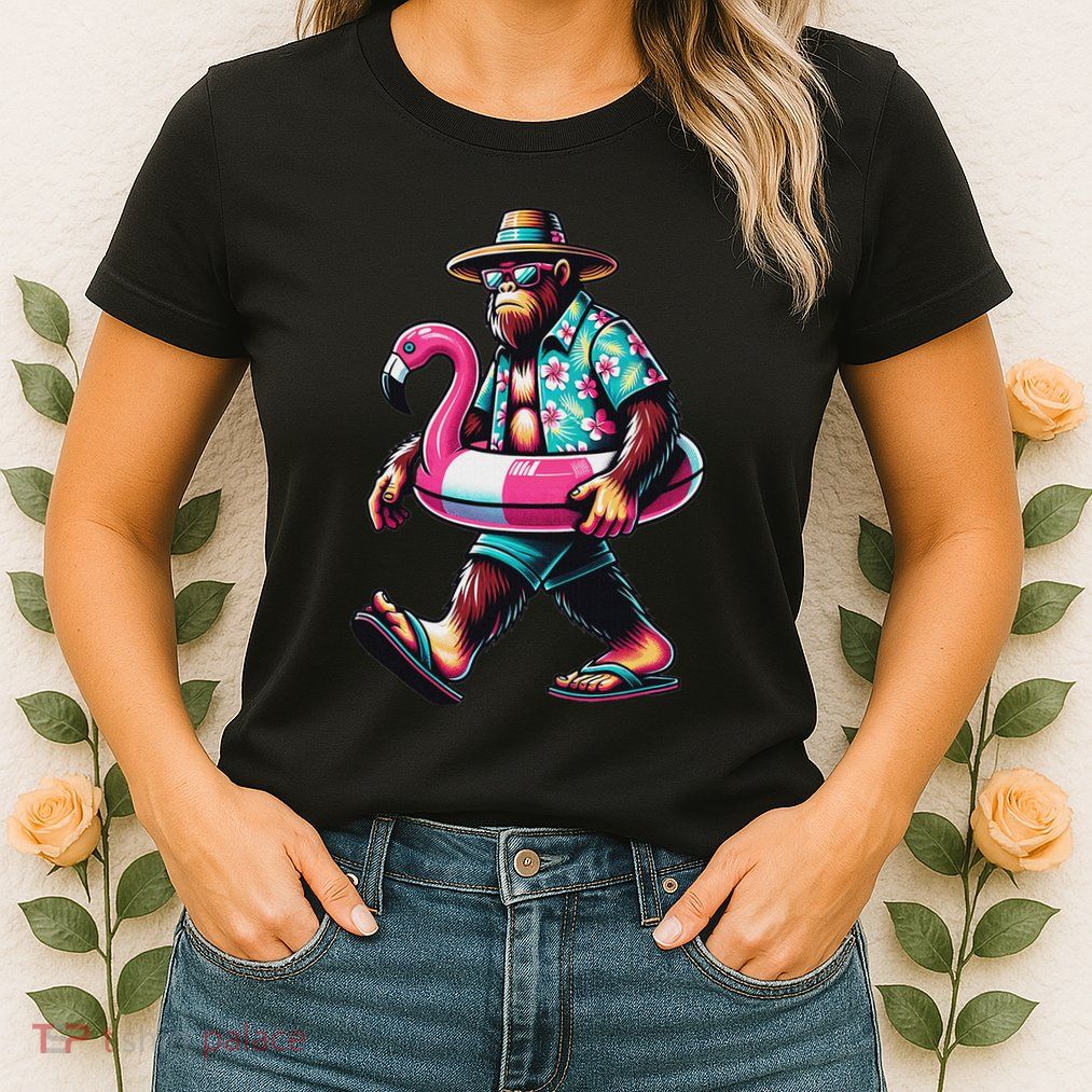 Bigfoot Flamingo Aloha Pool Party Hawaiian Party Womens T-Shirt