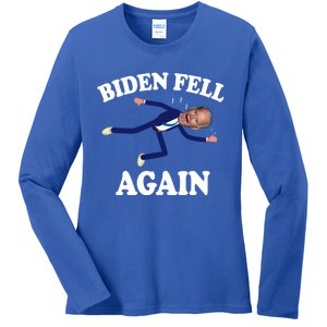 Biden Fell Again Funny Joe Biden Ladies Long Sleeve Shirt