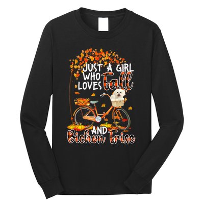 Bichon Frise And Fall Funny Dog Owner Bicycle Thanksgiving Long Sleeve Shirt