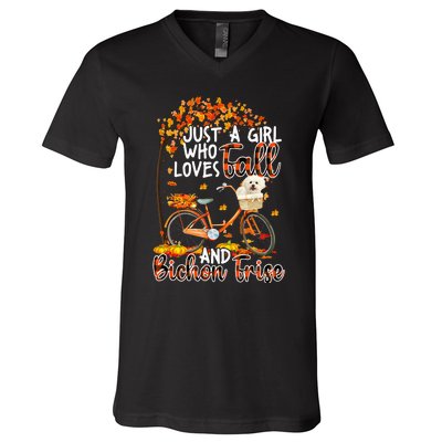 Bichon Frise And Fall Funny Dog Owner Bicycle Thanksgiving V-Neck T-Shirt