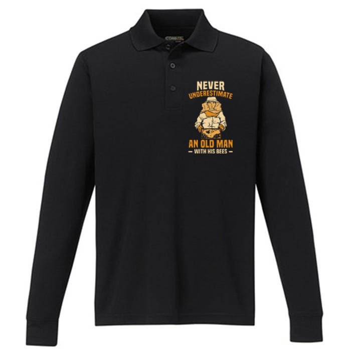 Beekeeping Funny An Old Man With His Bees Beekeeper Performance Long Sleeve Polo