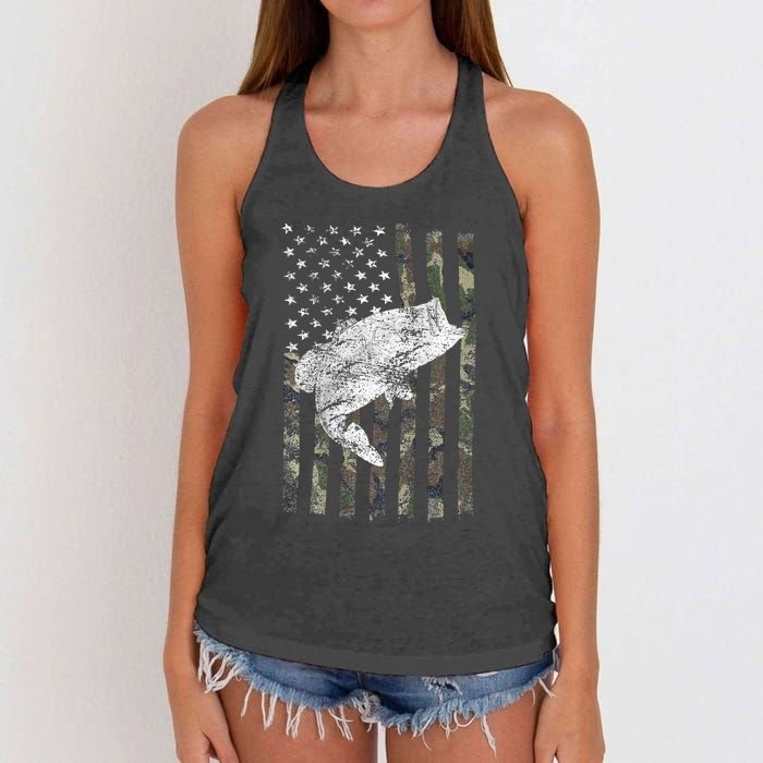 Bass Fishing American Camo USA Flag for Fisherman Women's Knotted Racerback Tank