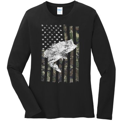 Bass Fishing American Camo USA Flag for Fisherman Ladies Long Sleeve Shirt