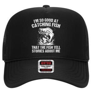 Bass Fishing Angler Funny Fisherman Catching Fish High Crown Mesh Back Trucker Hat