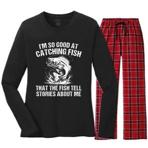 Bass Fishing Angler Funny Fisherman Catching Fish Women's Long Sleeve Flannel Pajama Set 