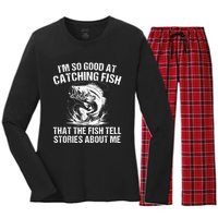 Bass Fishing Angler Funny Fisherman Catching Fish Women's Long Sleeve Flannel Pajama Set 