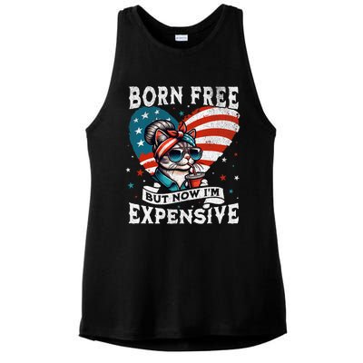 Born Free But Now IM Expensive Funny Mom Bun Cat July 4th Ladies PosiCharge Tri-Blend Wicking Tank