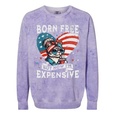 Born Free But Now IM Expensive Funny Mom Bun Cat July 4th Colorblast Crewneck Sweatshirt