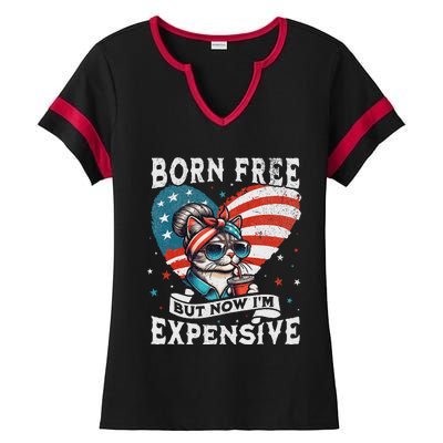 Born Free But Now IM Expensive Funny Mom Bun Cat July 4th Ladies Halftime Notch Neck Tee