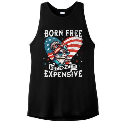 Born Free But Now IM Expensive Funny Mom Bun Cat July 4th Ladies PosiCharge Tri-Blend Wicking Tank