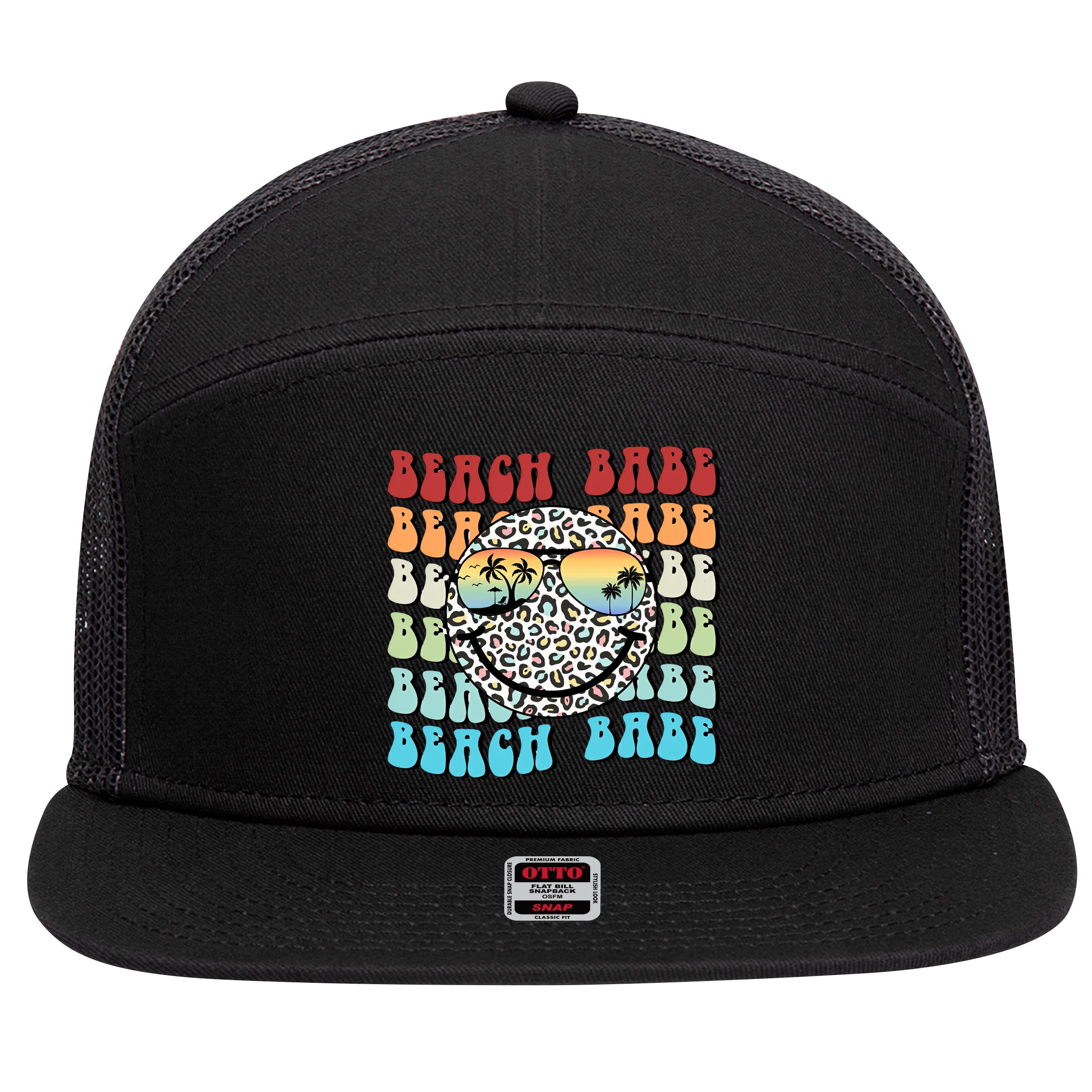 Beach Funny Babe Summer Retro Vacation Beach And Summer Leopard 7 Panel Mesh Trucker Snapback Hat