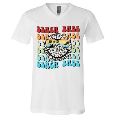 Beach Funny Babe Summer Retro Vacation Beach And Summer Leopard V-Neck T-Shirt
