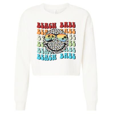 Beach Funny Babe Summer Retro Vacation Beach And Summer Leopard Cropped Pullover Crew