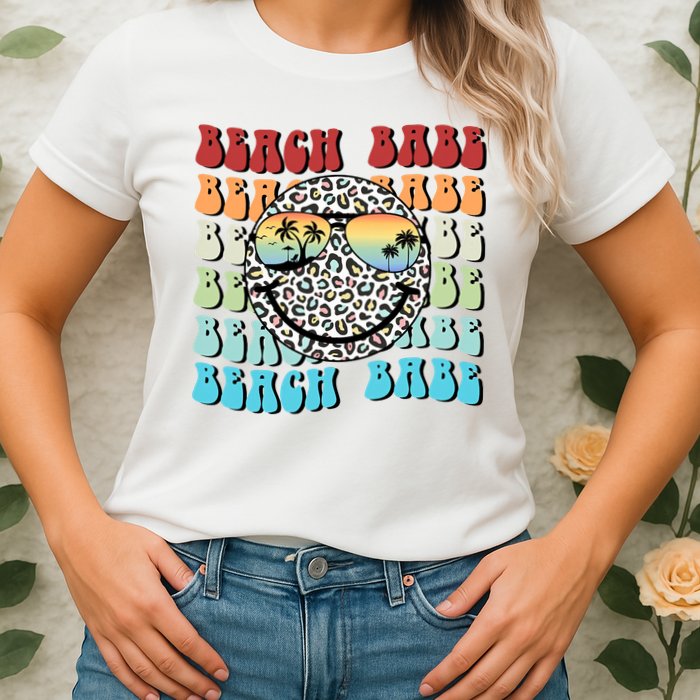 Beach Funny Babe Summer Retro Vacation Beach And Summer Leopard Womens T-Shirt