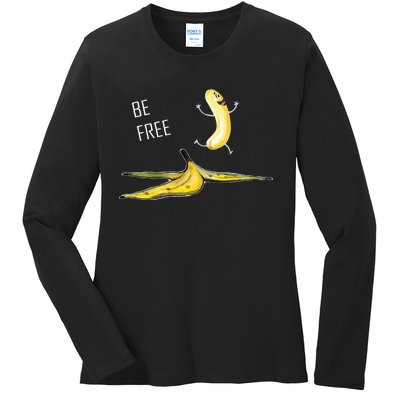 Be Free Banana Funny Banana Man Running Banana Stripping Ladies Long Sleeve Shirt