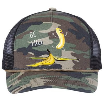 Be Free Banana Funny Banana Man Running Banana Stripping Retro Rope Trucker Hat Cap