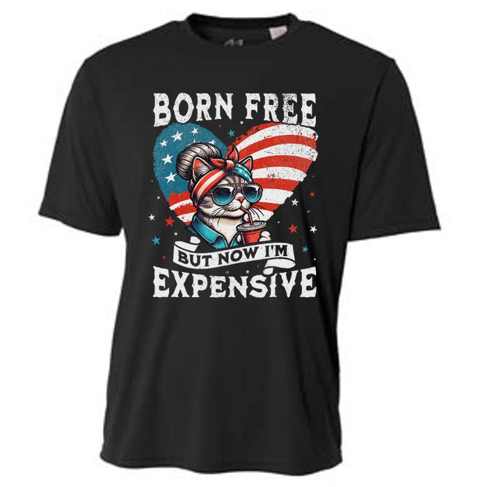 Born Free But Now IM Expensive Funny Mom Bun Cat July 4th Cooling Performance Crew T-Shirt