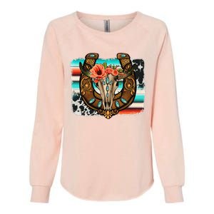 Boho Flower Bull Skull Horseshoes Western Cowhide Serape Womens California Wash Sweatshirt