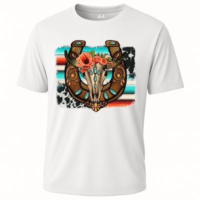 Boho Flower Bull Skull Horseshoes Western Cowhide Serape Cooling Performance Crew T-Shirt