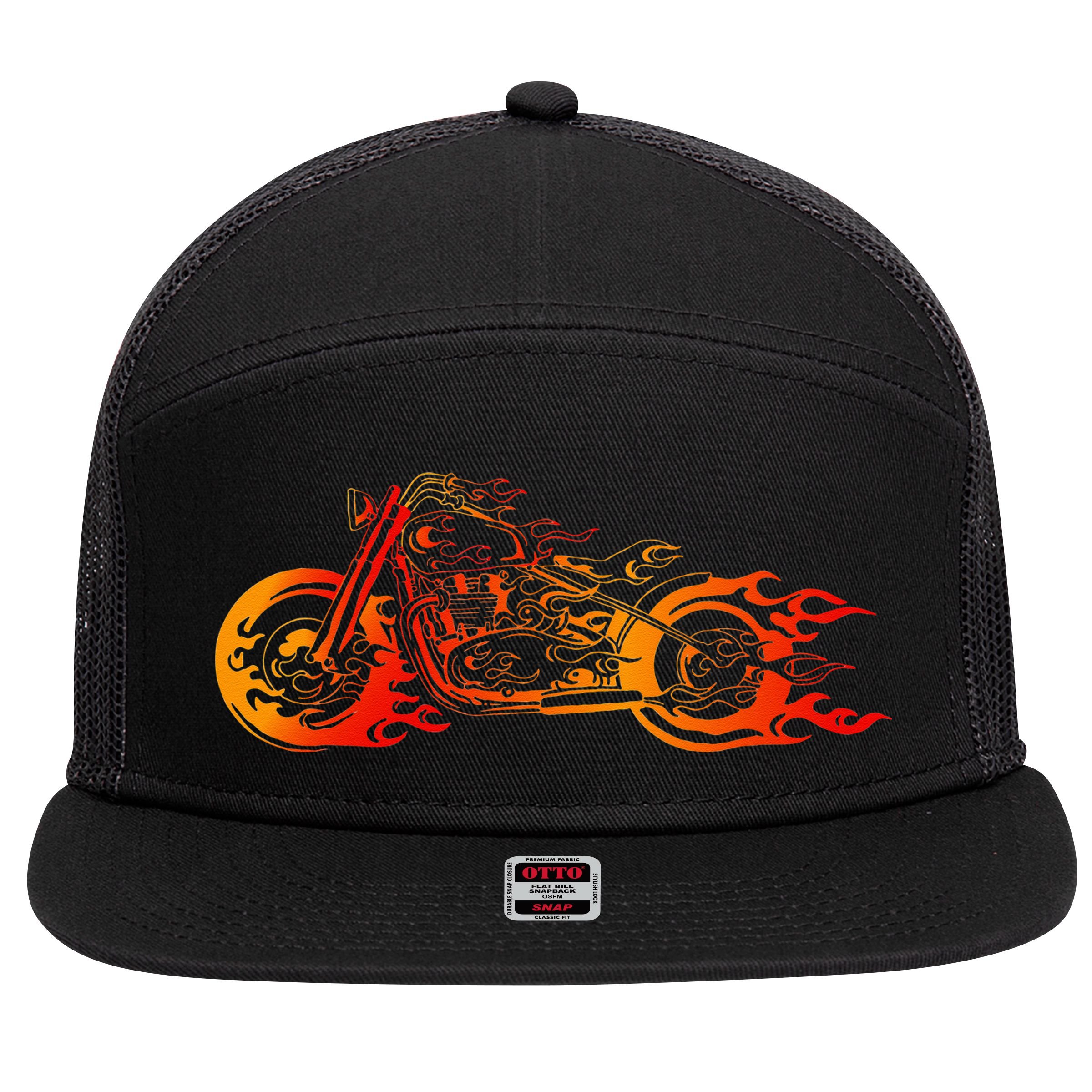 Bruning Fire Bobber Motorcycle Chopper Biker Motorbike 7 Panel Mesh Trucker Snapback Hat