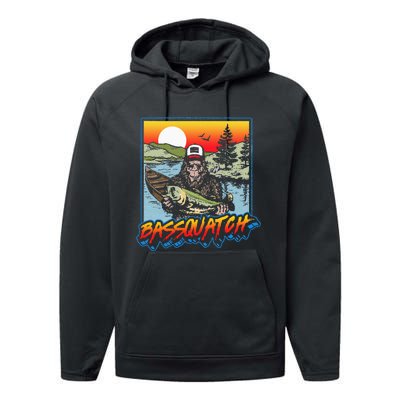 Bassquatch! Funny Bass Fishing Sasquatch Retro 80s Fisherman Performance Fleece Hoodie