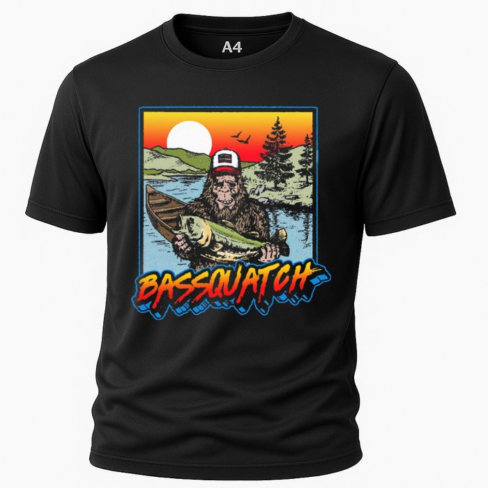 Bassquatch! Funny Bass Fishing Sasquatch Retro 80s Fisherman Cooling Performance Crew T-Shirt