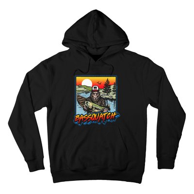 Bassquatch! Funny Bass Fishing Sasquatch Retro 80s Fisherman Hoodie