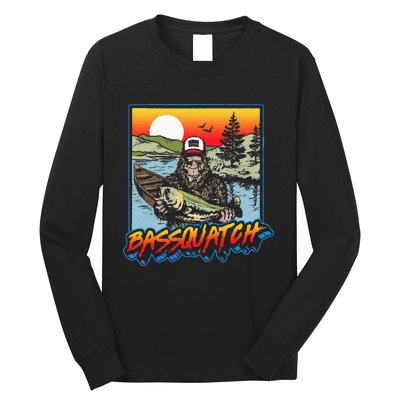 Bassquatch! Funny Bass Fishing Sasquatch Retro 80s Fisherman Long Sleeve Shirt