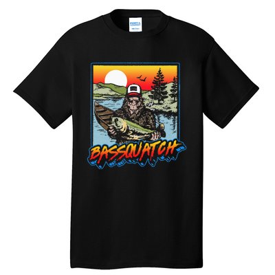 Bassquatch! Funny Bass Fishing Sasquatch Retro 80s Fisherman Tall T-Shirt