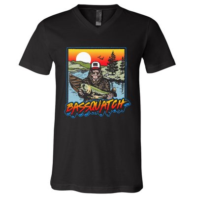 Bassquatch! Funny Bass Fishing Sasquatch Retro 80s Fisherman V-Neck T-Shirt