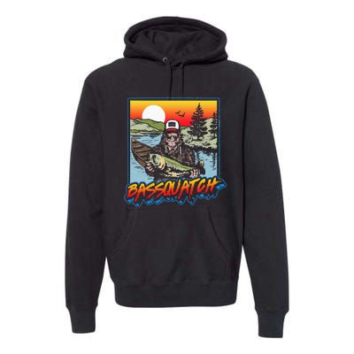 Bassquatch! Funny Bass Fishing Sasquatch Retro 80s Fisherman Premium Hoodie