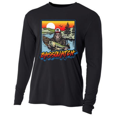 Bassquatch! Funny Bass Fishing Sasquatch Retro 80s Fisherman Cooling Performance Long Sleeve Crew