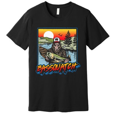 Bassquatch! Funny Bass Fishing Sasquatch Retro 80s Fisherman Premium T-Shirt